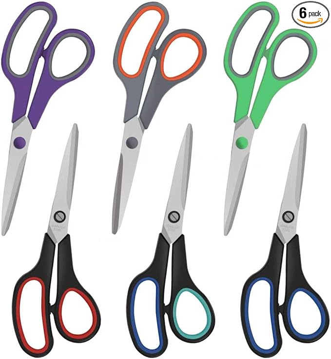 6 Pack All Purpose Scissors, 8.3" Stainless Steel Scissor With Ergonomic Soft-Grip Handles, Sharp Blades Scissors for Office, School, Kitchen, Crafts, Sewing, Left and Right Hand Use (6 Colors)