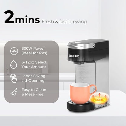 CHULUX Slim Single Serve Coffee Maker for K Pods, One Cup Coffee Maker Fits 7.3" Travel Mugs, Coffee Machine with 6 to 12oz Brew Sizes