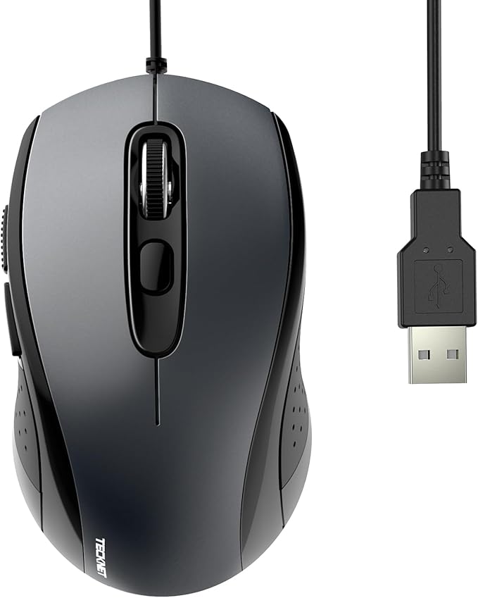 TECKNET Wired Mouse, USB Mouse for Laptop with 6-Button, 3600DPI Optical PC Wired Mice, Home and Office 5FT USB-A Corded Comfortable Mice, Plug & Play (Light Grey)