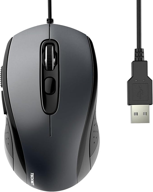 TECKNET Wired Mouse, USB Mouse for Laptop with 6-Button, 3600DPI Optical PC Wired Mice, Home and Office 5FT USB-A Corded Comfortable Mice, Plug & Play (Light Grey)