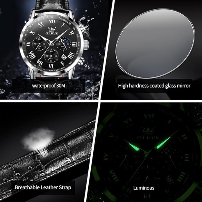 OLEVS Men's Leather Analog Quartz Watch - Luxury Chronograph Wristwatch With Date, Waterproof, Luminous - Dress Style