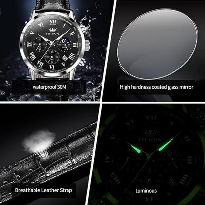 OLEVS Men's Leather Analog Quartz Watch - Luxury Chronograph Wristwatch With Date, Waterproof, Luminous - Dress Style