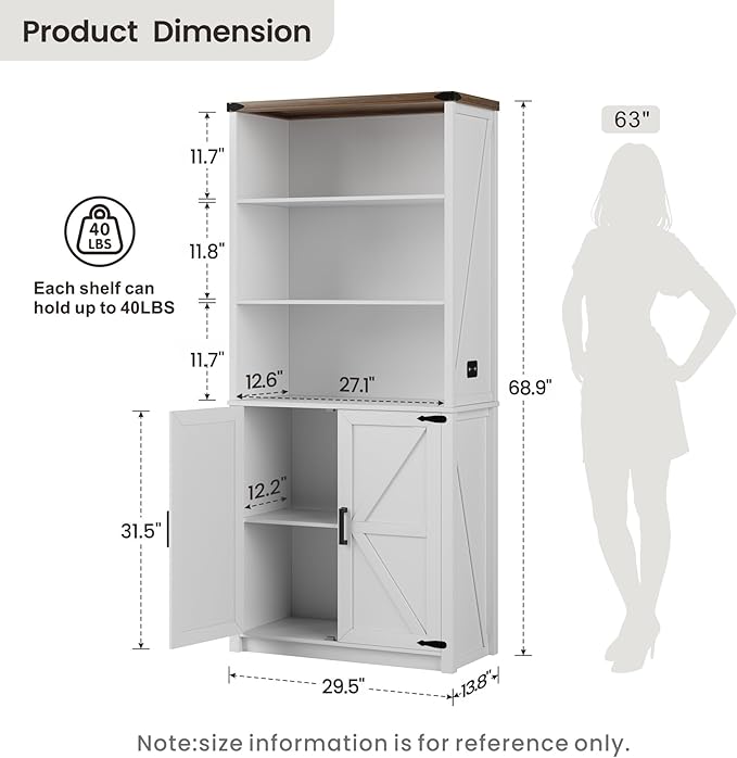 HWB Bookshelf and Bookcase with Doors, Farmhouse 5 Tier Book Shelves with Storage Cabinet, Floor Standing Bookcases with 3-Color Lights for Home Office, Living Room, Bedroom, White