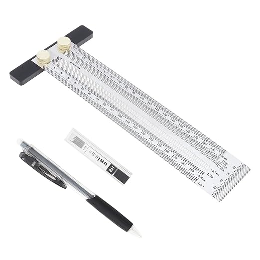 Precision Marking T-Rule Stainless Steel T Square with Mechanical Pencil & 0.5mm Refill Scribing Line Ruler for Marking or Measuring, for Carpenters, Designers, Architects, Engineers 200mm