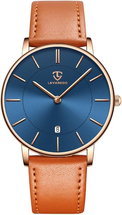 L LAVAREDO Watch for Men, Extremely Thin Mens Watches Minimalist Analog Men's Leather Wrist Watches with Time/Date, Birthday Gift for Men Boyfriend