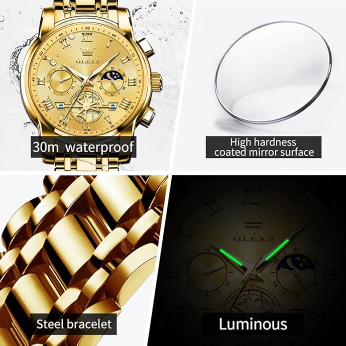 OLEVS Watches Men Waterproof Luxury Big Face Mens Watch Stainless Steel Quartz Analog Dress Watches for Men Luminous Multifunction Man Watch Relojes De Hombre