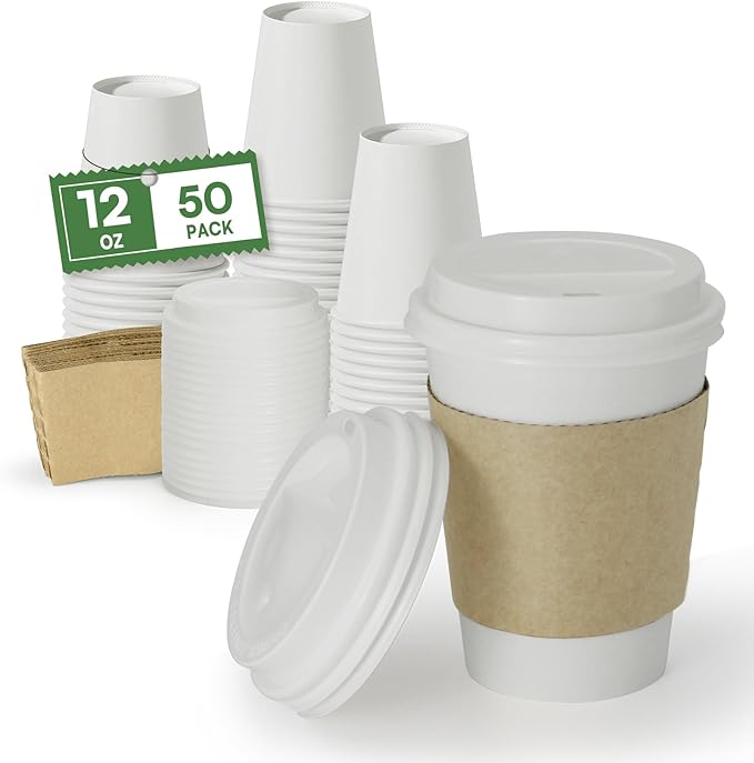 Disposable Coffee Cups with Lids & Sleeves 12 oz Paper Cups, 50 Pack To Go Hot Cups with Lids, BPA Free Thickened Leak Proof White Disposable Cups for Everyday Use Office Coffee Bar Supply Essentials