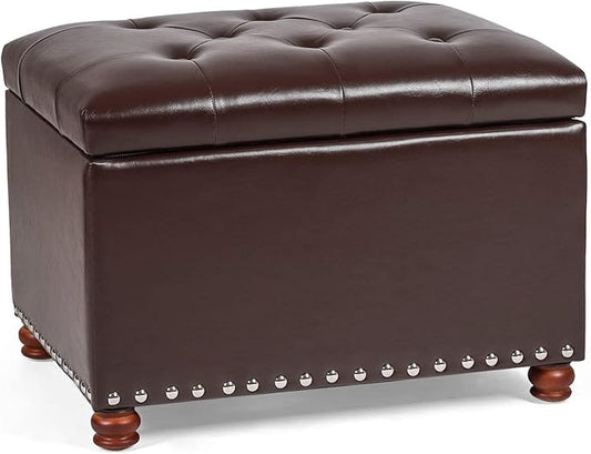 Adeco Button Tufted Accents Rectangular PU Leather Storage Bench Ottoman Footstool for Living Room Bedroom