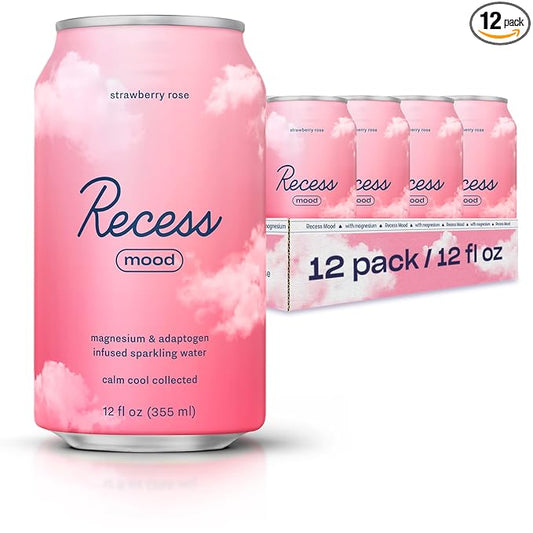 Recess Mood Magnesium & Adaptogen Drink, Relaxation Beverage, 12 Ounce (Strawberry Rose, 12 Pack)