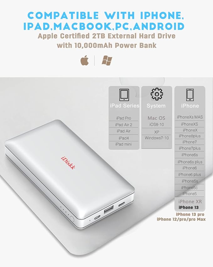 iDiskk App-le Mfi Certified 2TB External Hard Drive for Photo Stick for iPhone 17 and 16,iPad Android Phones, Mac,iPhone Photo Stick Photo Storage to Backup Photos | Videos | Files,10000mAh Power Bank