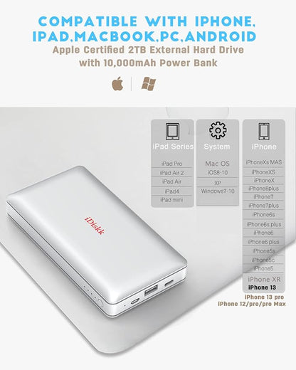 iDiskk App-le Mfi Certified 2TB External Hard Drive for Photo Stick for iPhone 17 and 16,iPad Android Phones, Mac,iPhone Photo Stick Photo Storage to Backup Photos | Videos | Files,10000mAh Power Bank
