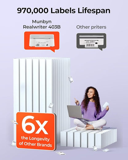 MUNBYN Bluetooth Thermal Label Printer RW403B, Wireless 4x6 Shipping Label Printer for Small Business, Compatible with Android, iPhone, Windows, Mac, Chromebook, Print Width 1.57"-4.25"