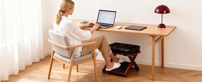 Wooden Under Desk Footrest with Non-Slip Rubber Stepping Surface, Ergonomic Foot Stool for Home Office Gaming Work Posture Support (Walnut Color)