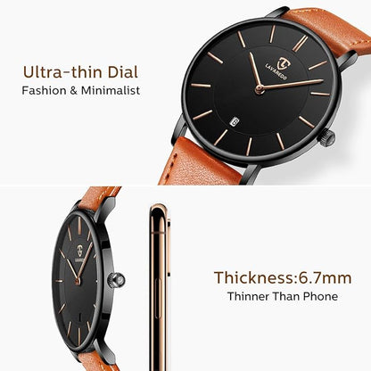 L LAVAREDO Watch for Men, Extremely Thin Mens Watches Minimalist Analog Men's Leather Wrist Watches with Time/Date, Birthday Gift for Men Boyfriend