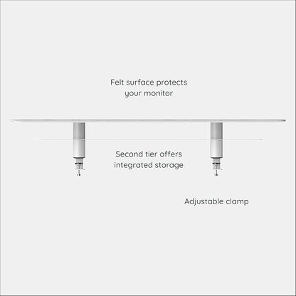 Branch Monitor Stand - Elegant, Durable Powder-Coated Steel Stand with Soft Felt Liner - Large Monitor Riser Second Tier Storage - Installs with a Universal Clamp for Ergonomic Workspace - White