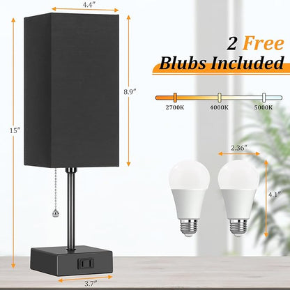 Table Lamp for Bedroom set of 2,3-Color Bedside Lamps with Pull Chain Table Lamps for Nightstand with AC Outlets, Night Light Lamps with 2 Bulbs Lamps for Living Room Kids Office Decor（Black）
