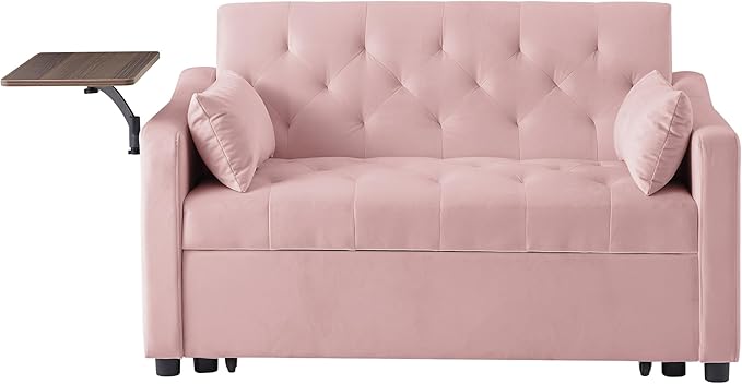 53'' Convertible Sleeper Sofa Bed with Adjustable Backrest, Chaise Lounge, Side Table & Two Pillows – Stylish & Functional Addition to Any Living Room (Modern Pink)