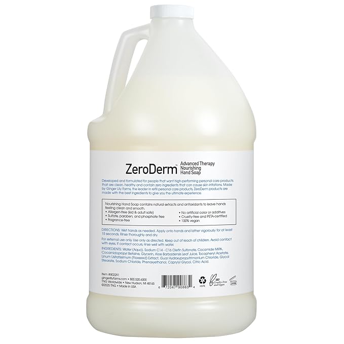 Ginger Lily Farms Botanicals ZeroDerm Advanced Therapy Nourishing Liquid Hand Soap Refill 100% Vegan Cruelty-Free Fragrance-Free, Unscented, 128 Fl Oz