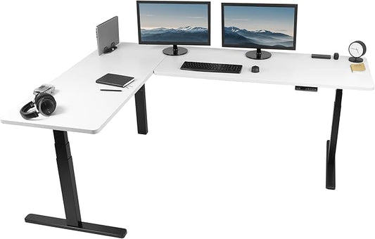 VIVO Electric Height Adjustable 83 x 60 inch Corner Stand Up Desk, 2 White Solid Table Tops, Black Frame, Memory Controller, L-Shaped Workstation, 3E Series, DESK-KIT-3E8BW