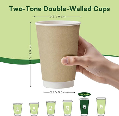 Coffee Cups 16 oz Disposable Paper Cups,100 Pack Compostable Double Wall Hot Cups, BPI Certified BPA Free Paper Cups, Natural Kraft To Go 16oz Disposable Cups for Office Cafe Home Party Travel