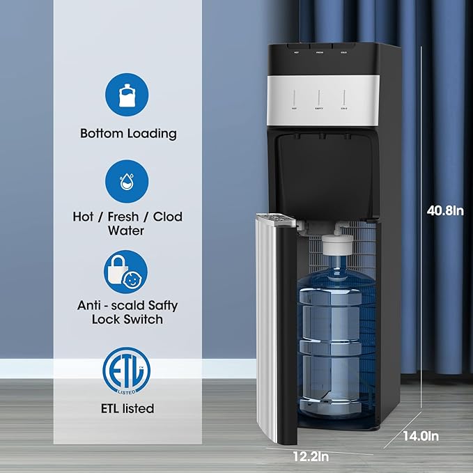 VECYS Bottom Loading 3 5 Gallon Stainless Steel Water Dispenser, Hot Cold Room Temper Water Cooler with Child Safety Lock, 304 Stainless Steel Reservoirs and Water Intake Tube