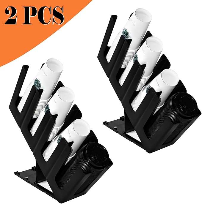 2Pack Paper Cup and Lid Holder,Disposable Coffee Cup Organizer,4 Compartment Disposable Cup Dispenser Organized Storage with Holder for Countertop Coffee Station Bar Kitchen Restaurant Office
