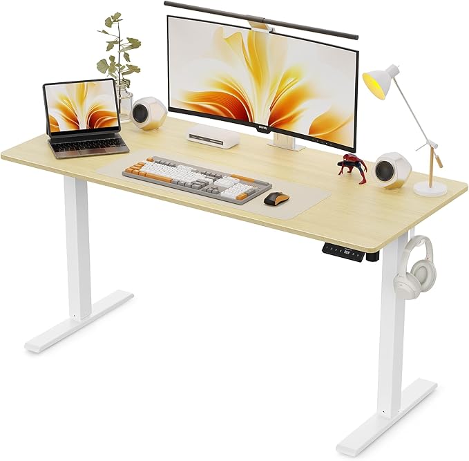 55x24 Inches Height Adjustable Electric Standing Desk with 2 Hooks for Home Office, Ergonomic Sit Stand up Desk with Splice Board, Oak
