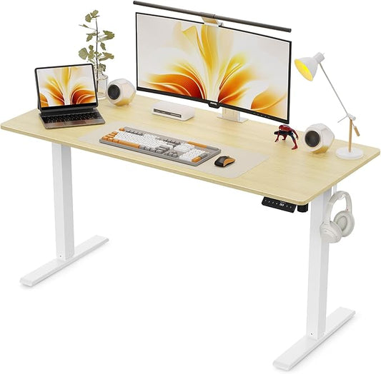 55x24 Inches Height Adjustable Electric Standing Desk with 2 Hooks for Home Office, Ergonomic Sit Stand up Desk with Splice Board, Oak