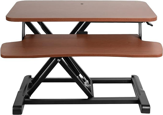 VIVO 26 inch Desk Converter, K Series, Height Adjustable Sit to Stand Riser, Dual Monitor and Laptop Workstation with Keyboard Tray, Dark Walnut Top, Black Frame, DESK-V026KA