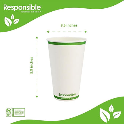 Responsible Products 20 oz Paper Hot Cups, Tree-Less™ Compostable Paper Coffee Cups, Extra Strength, Tree-Free and Made Without PFAS, White (1000 Count)