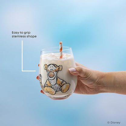 JoyJolt Disney Winnie the Pooh Exploring a Classic Stemless Drinking Glasses, 19oz Glass Cups ft Pooh Bear Tigger Piglet Eeyore, Kitchen Glassware Set of 4, Winnie the Pooh Adult Gifts