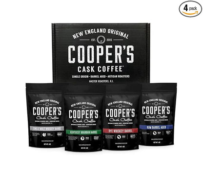 Bourbon & Whiskey Barrel Aged Coffee Box Set with Four Whole Bean Single Origin Coffees (Colombia, Sumatra, Ethiopia, Rwanda) Premium Small-Batch Gourmet Roasted Coffee Gift (Pack or 4)