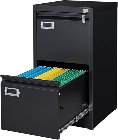 2 Drawer File Cabinet with Lock, Metal Vertical File Storage Cabinet, 18" Deep Vertical Filing Cabinets for Home Office to Hanging A4 Legal/Letter Size, Assembly Required (2 Drawer - Black)