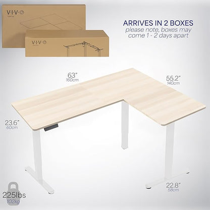 VIVO Electric Corner 63 x 55 inch L-Shaped Standing Desk, Memory Height Adjustment, Light Wood Top White Frame, DESK-E3CTC