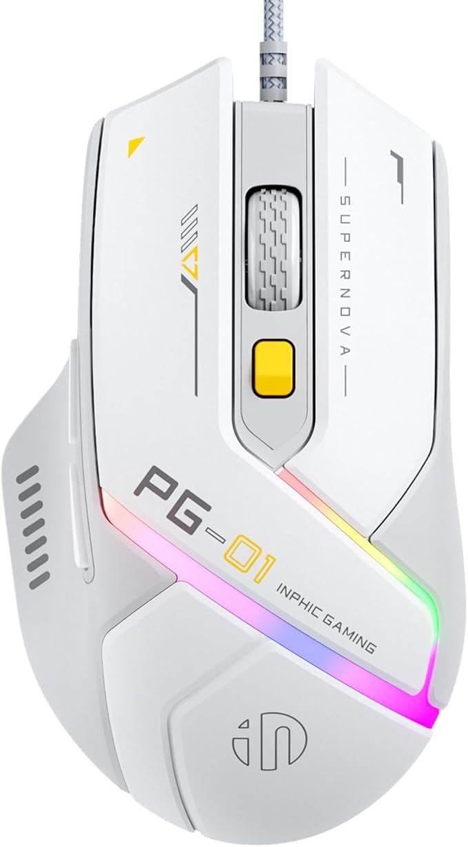 INPHIC PG1 Wired Computer Gaming Mouse Ergonomic, 12800 DPI High-Precision, 6 Programmable Buttons, RGB Backlit for Gaming - White Gray