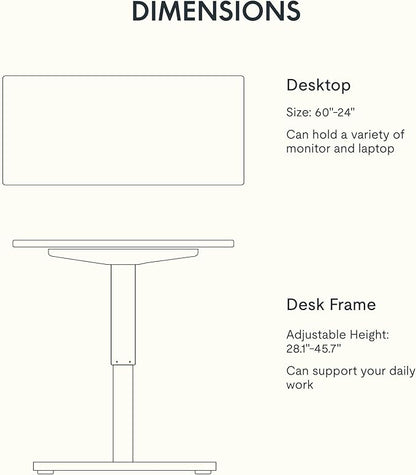 FLEXISPOT EN1 One-Piece Standing Desk, 60 x 24 Inches Height Adjustable Desk Electric Sit Stand Desk for Home Office (White Frame + Gray Wood Desktop, 2 Packages)
