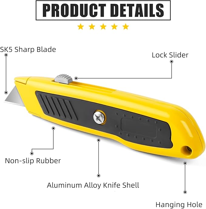 DIYSELF 4 Pack Retractable Box Cutters, Utility Knives with 10 Blades, Heavy Duty for Cardboard, Carpet, Paper