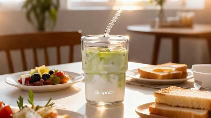 13oz/400ml Glass Water Tumbler with Straw and Lid Sealed Carry On Thick Wall Iced Coffee Cup Glass Cup for Water, Iced Tea Fruit Juice Etc(Aurora White