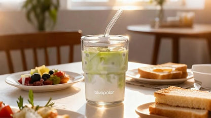 13oz/400ml Glass Water Tumbler with Straw and Lid Sealed Carry On Thick Wall Iced Coffee Cup Glass Cup for Water, Iced Tea Fruit Juice Etc(Aurora White