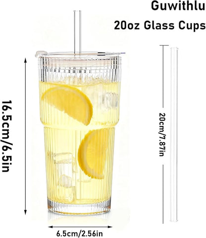 20oz Ribbed Glass Cups with Lids and Straws - 2PCS Glassware Set, Tumbler with Straw and Lid Iced Coffee Cups for Juice, Bubble Tea, Cold Brew, Soda