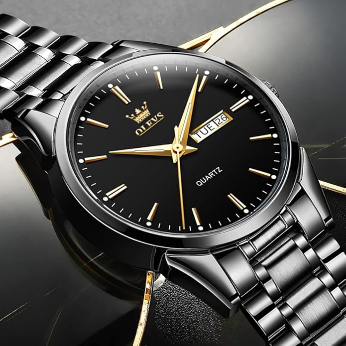 OLEVS Men's Luxury Watch Waterproof Luminous Easy Read Chronograph Watches Full Gold/White Dail/Black Face with Calendar Wristwatch