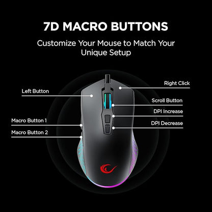 Rampage Spear V2 Black Wired Gaming Mouse with RGB Lighting – 12800 DPI, 7 Programmable Buttons, Lightweight Ergonomic Gaming Mouse for PC/Mac/Laptop Gamers