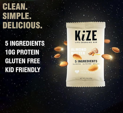 KiZE Energy Bars - Almond Butter - 20 Count - Almond-Butter-Based, Gluten Free, Non-GMO, and High Protein Meal Replacement Energy Bars, Clean and Simple Food Ingredients - 10g High Protein Snacks (20 Count)