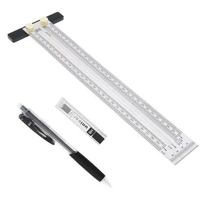 Precision Marking T-Rule Stainless Steel T Square with Mechanical Pencil & 0.5mm Refill Scribing Line Ruler for Marking or Measuring, for Carpenters, Designers, Architects, Engineers 300mm
