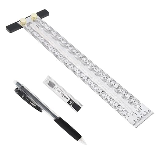 Precision Marking T-Rule Stainless Steel T Square with Mechanical Pencil & 0.5mm Refill Scribing Line Ruler for Marking or Measuring, for Carpenters, Designers, Architects, Engineers 300mm