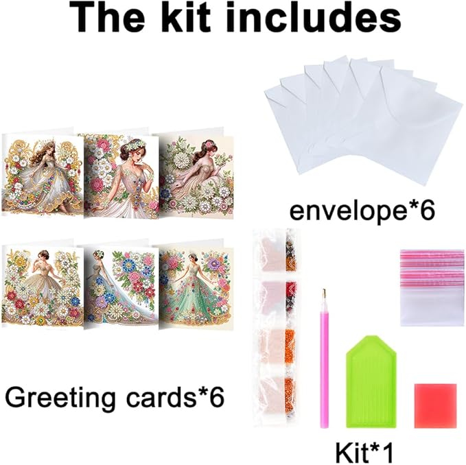 6pcs DIY Dress Girl Diamond Art Painting Greeting Cards Kit, Rhinestone Art Holiday Birthday Card Set with Envelopes, DIY Festival Craft for Girlfriend, Christmas Valentine Gift Making Supplies