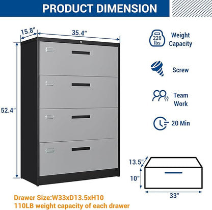 Metal Steel 4 Drawer Lateral File Cabinet with Lock, Filling Cabinets for Home Office, Lockable Storage Cabinet for Hanging Files Letter/Legal/F4/A4 Size-Assembly Required