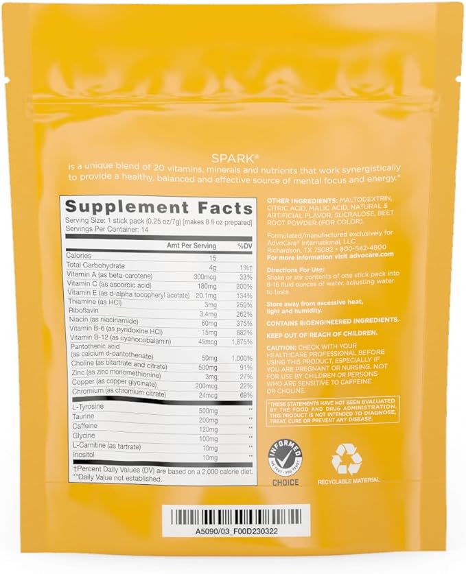 AdvoCare Spark - Energy Drink Mix - Vitamin & Amino Acid Supplement - Supports Energy & Focus - Portable Immune Support - Sugar-Free - Cranberry Peach Orange, 14 Stick Packs (3.5 oz)