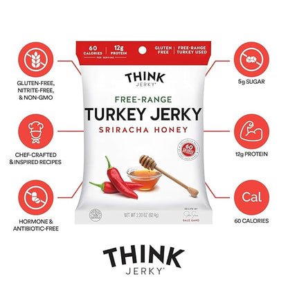Think Jerky Sriracha Honey Turkey Jerky, High Protein Free-Range Turkey, Gluten Free, No Antibiotics or Nitrates, Healthy Chef Crafted Recipe, Low Calorie and Low Fat - 2.2 oz Bags, 4 Pack