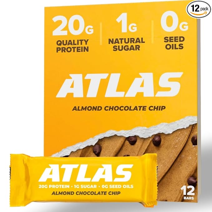 Atlas Bar – 20g Protein, 1g Sugar, 0g Seed Oils, 0g Artificial Sweeteners (Almond Chocolate Chip, 12 Count) (12 Count, Almond Chocolate Chip)